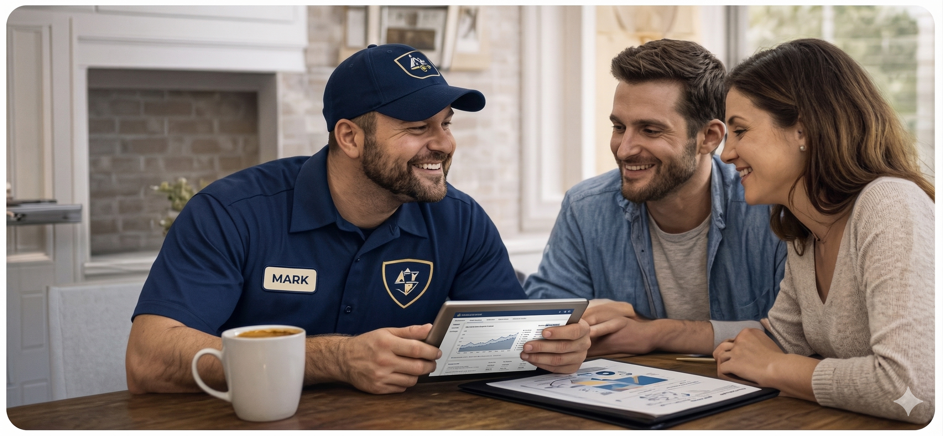 A professional in uniform shows a tablet to a couple at a wooden table in a bright, modern living space.