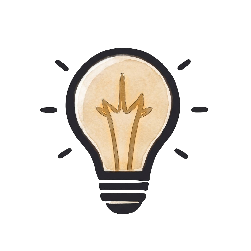 A stylized, light-colored lightbulb icon with a thick dark outline and radiating dash marks representing light.