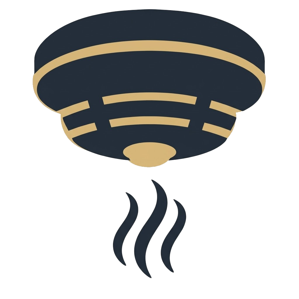 A dark blue and beige icon of a smoke detector with three wavy lines indicating rising smoke.