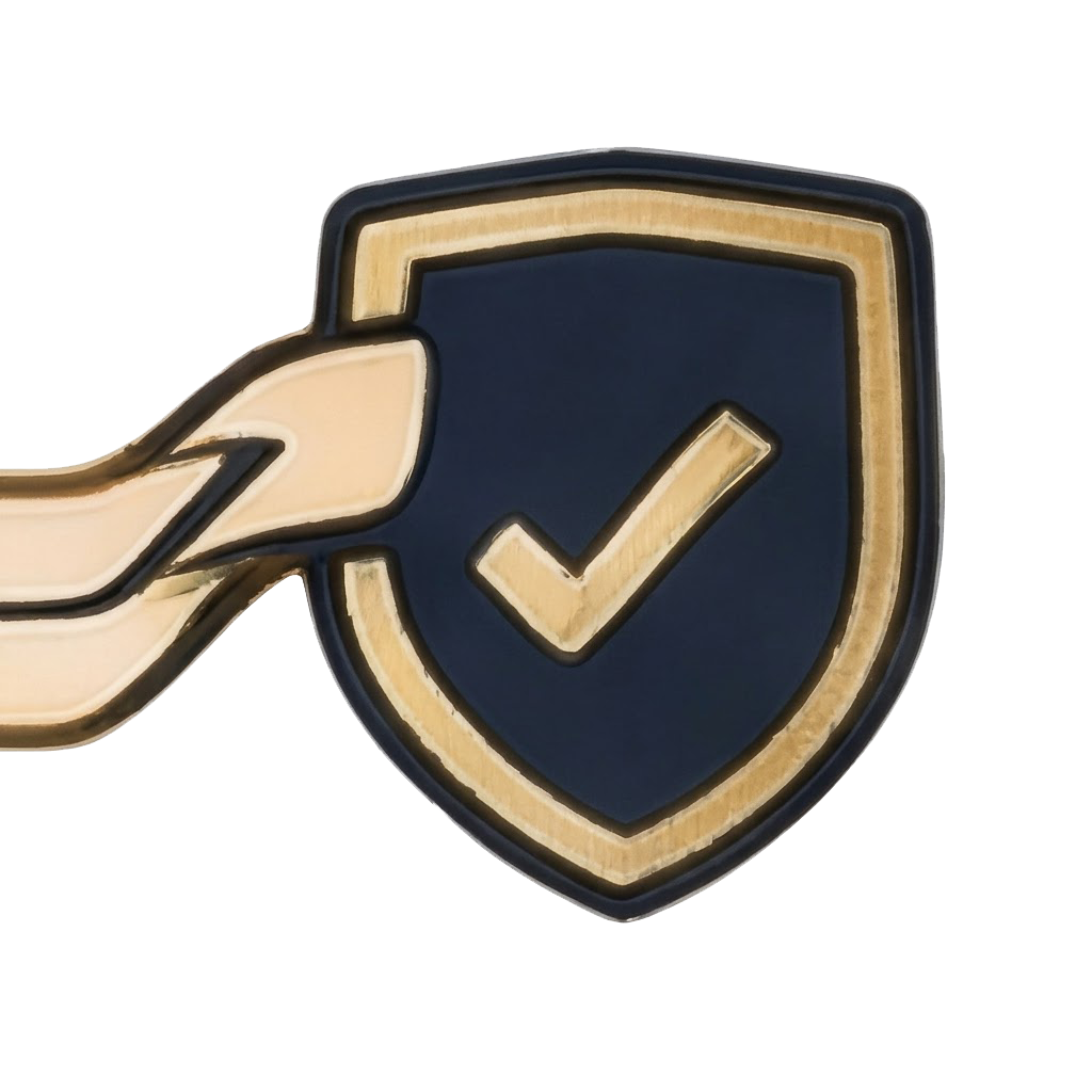 A gold, shield-shaped icon featuring a dark blue center with a prominent gold checkmark, signifying security or approval.