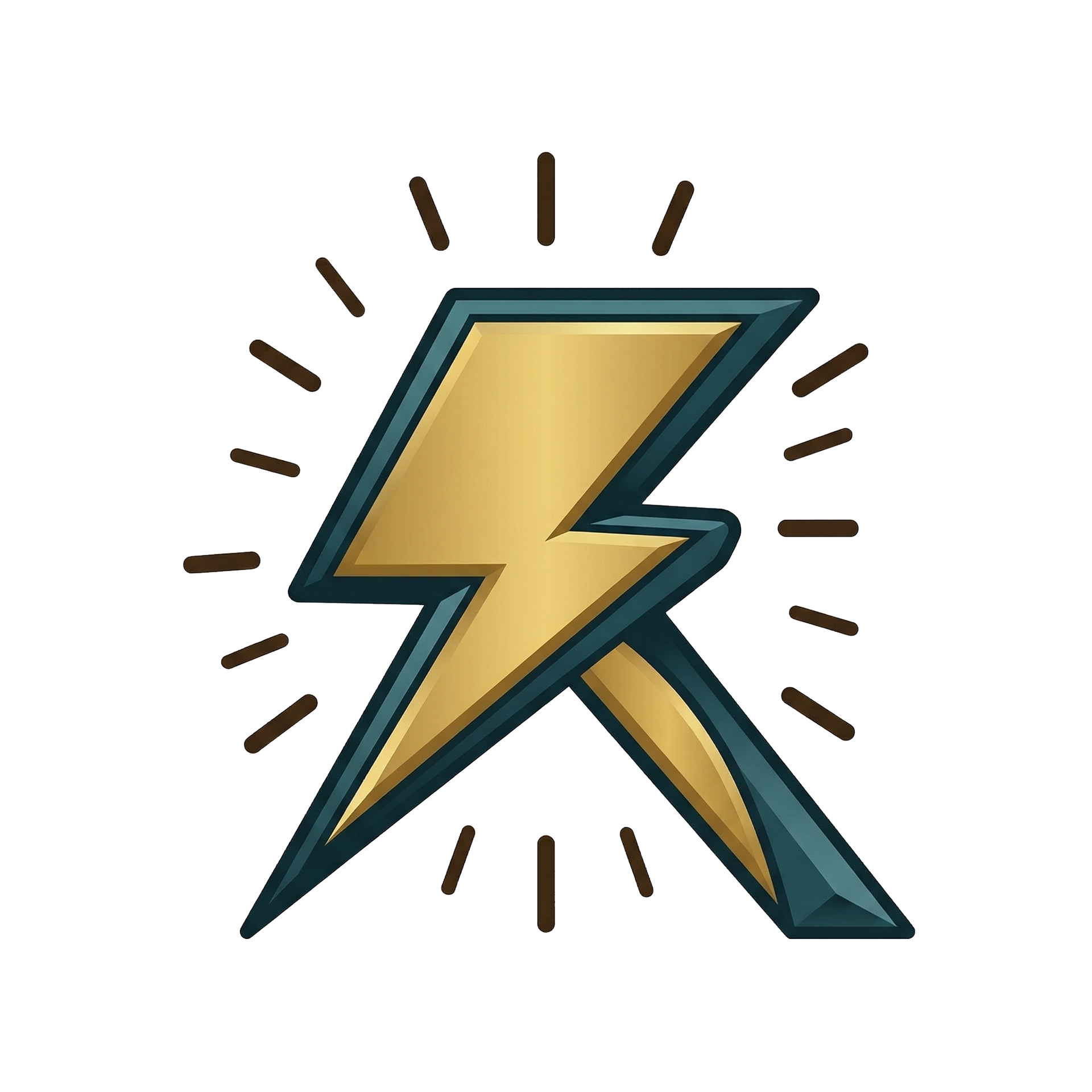 A gold lightning bolt emblem outlined in dark blue with radiating lines against a white background.