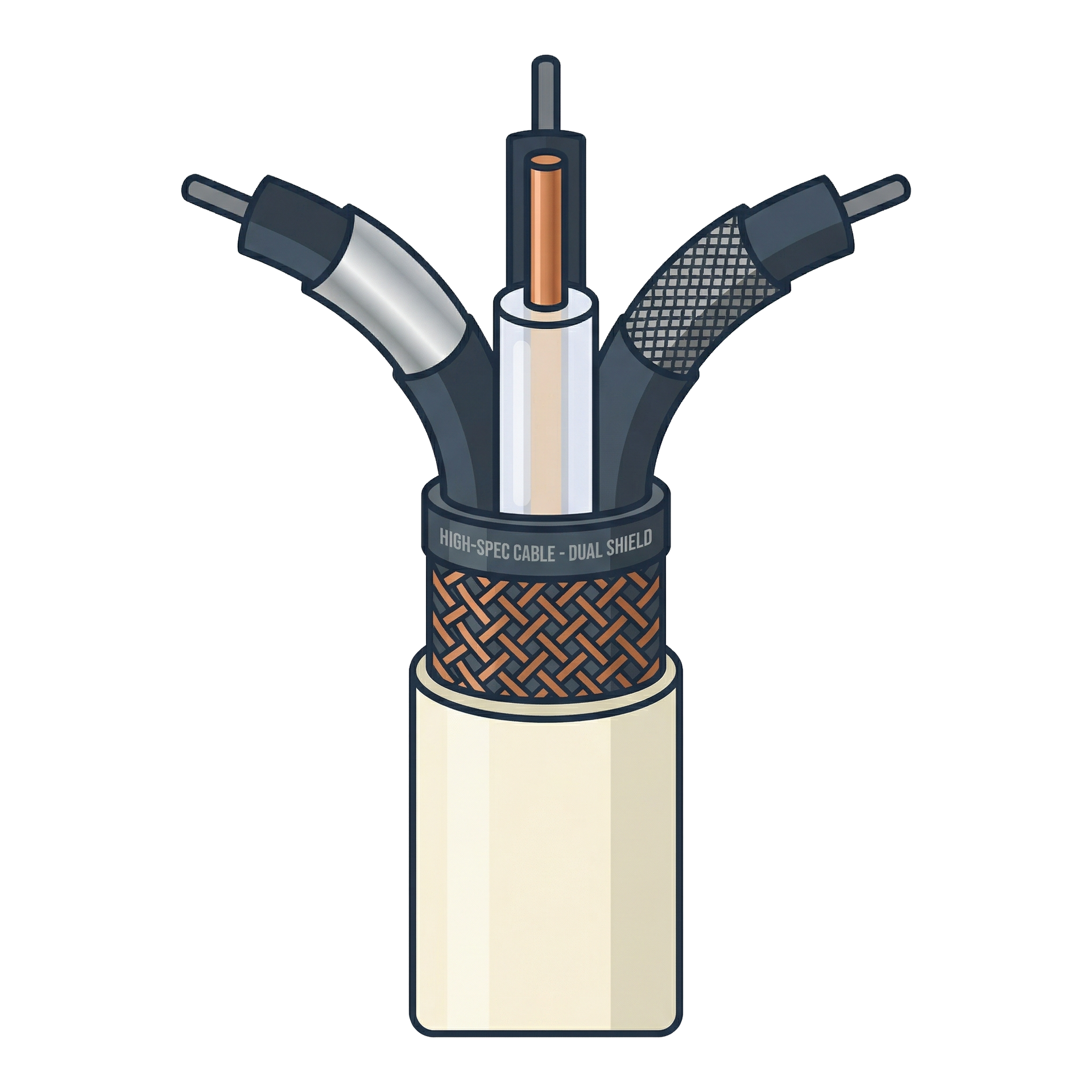 A technical illustration of a multi-layered coaxial cable with its various shielding and insulation components exposed.