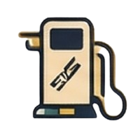 A stylized, beige-colored gas pump icon with a dark blue display, a hose on the right, and the letters 