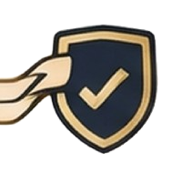 A dark blue shield with a gold border and a checkmark, partially wrapped by a light-colored cloth ribbon.