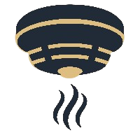 A dark blue and tan smoke detector with three wavy lines underneath representing rising smoke.