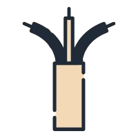 A simplified icon of a stripped electrical cable with a central wire and two side wires against a plain background.