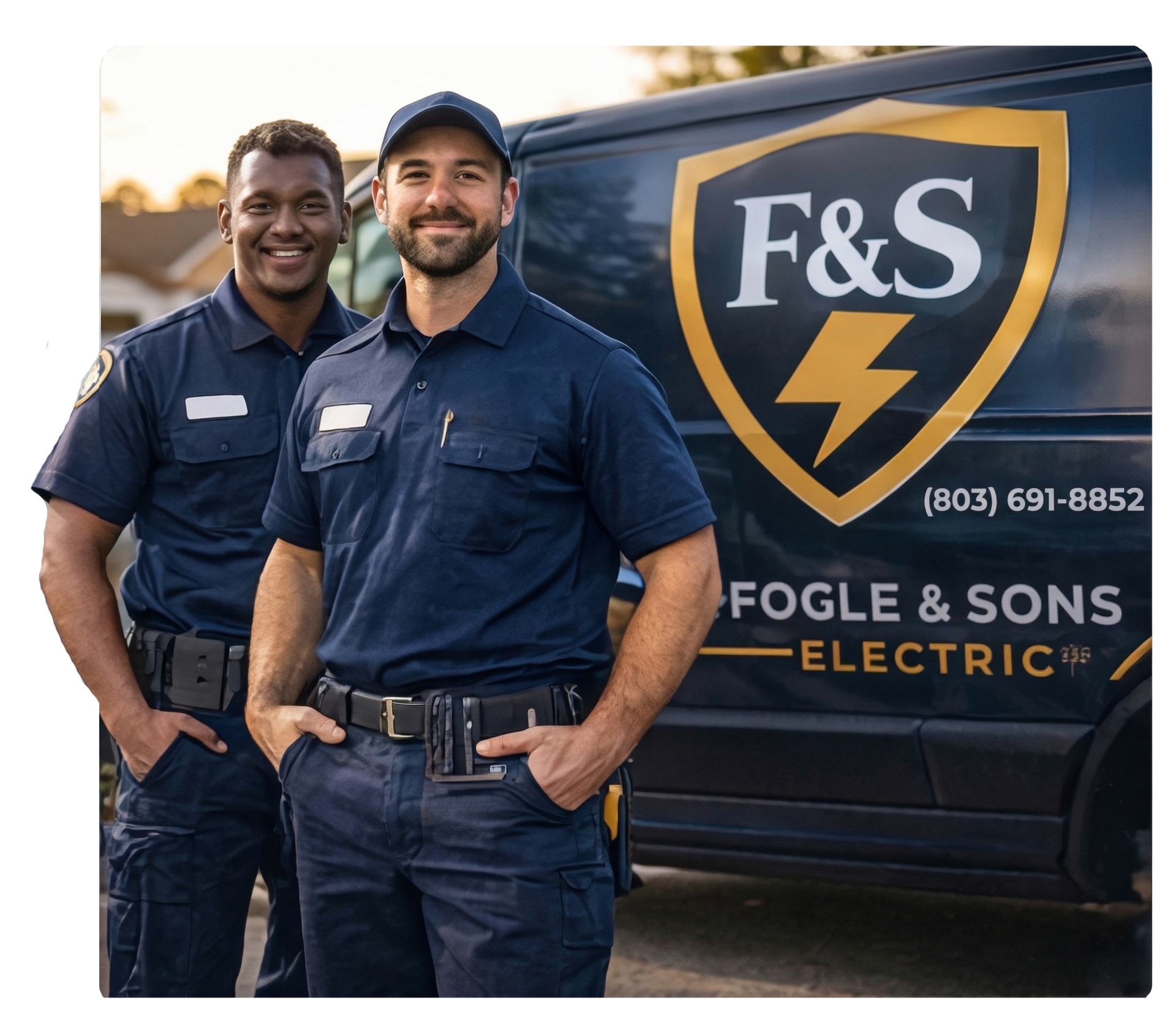 Two smiling service workers in navy uniforms stand in front of a Fogle & Sons Electric van with a branded gold shield logo.