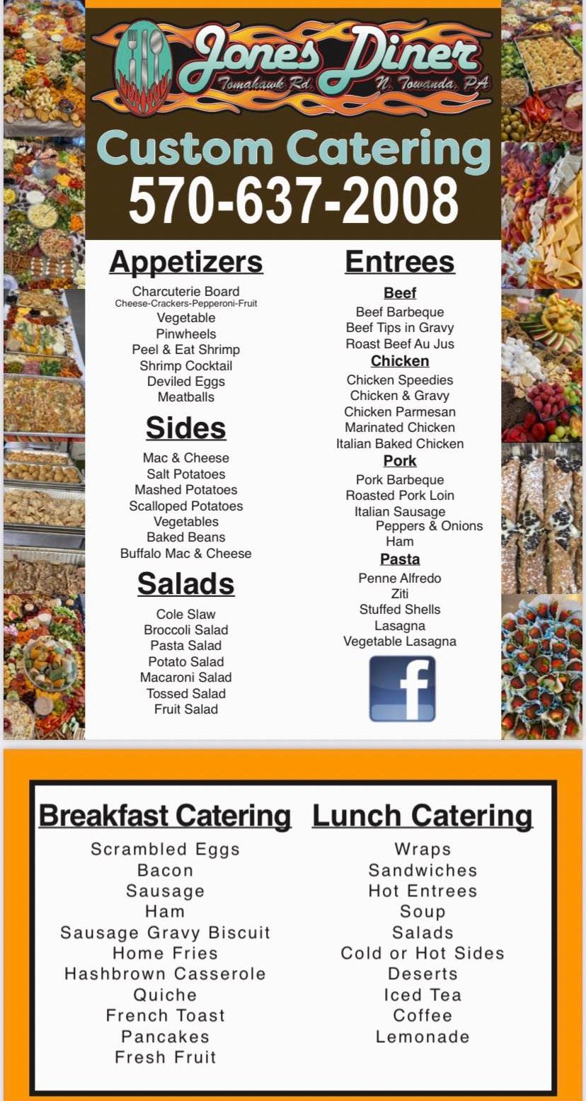 A menu for jones diner shows appetizers , entrees , sides , and breakfast catering.