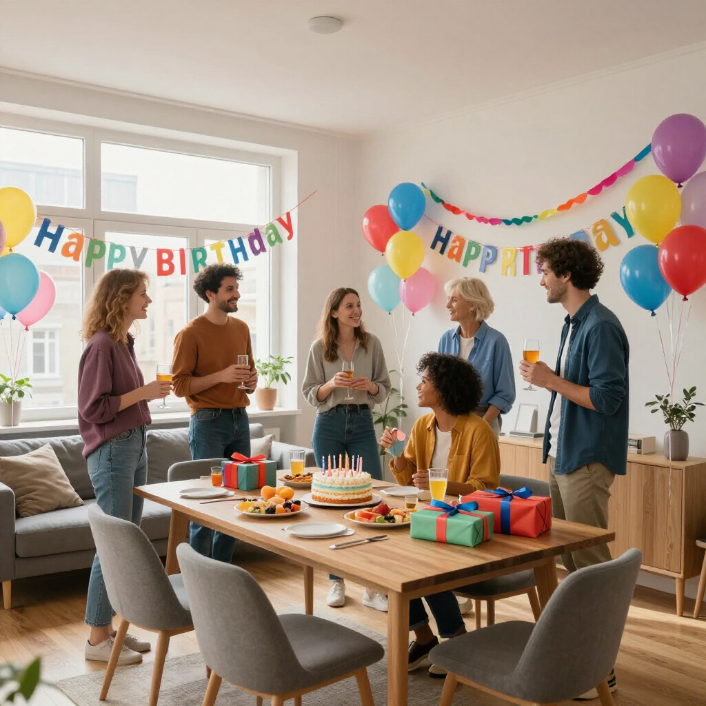 Eine zusammengewürfelte Gruppe von Freunden versammelte sich zu einer Geburtstagsfeier um einen mit Luftballons und Esstisch.