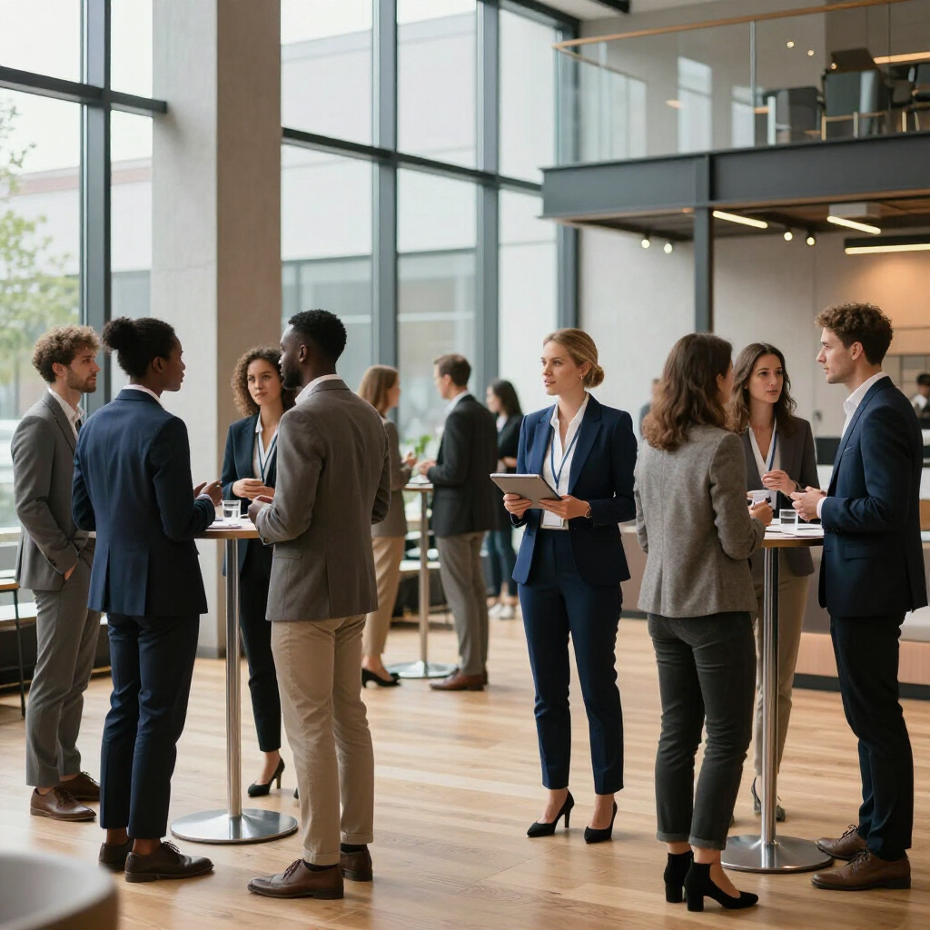 Eine Gruppe von Fachleuten in Businesskleidung knüpft Kontakte und unterhält sich in einem hellen, modernen Firmenatrium.