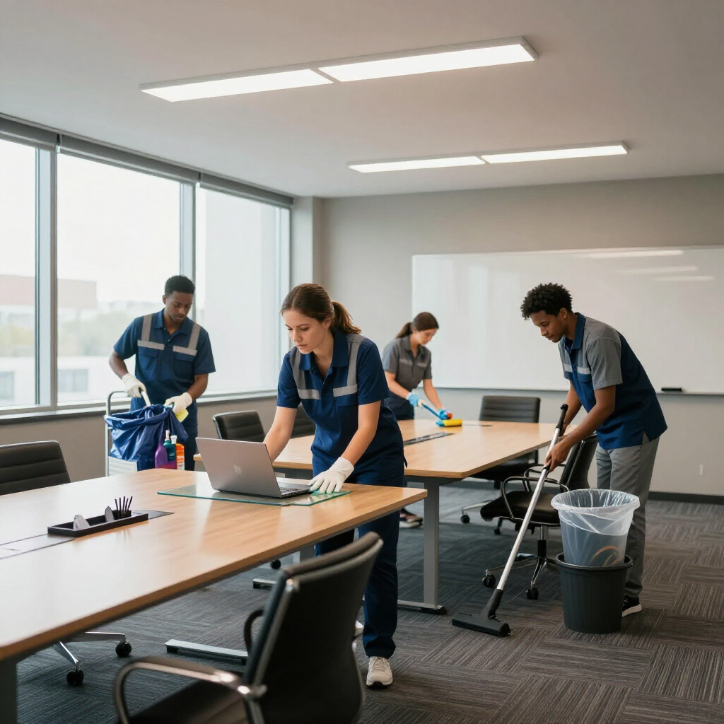 Vier Reinigungskräfte arbeiten in einem  Büro, reinigen Oberflächen, saugen Staub und nutzen einen Laptop.