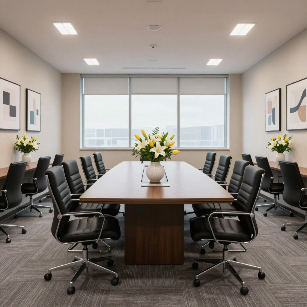 Ein moderner Konferenzraum mit einem langen Holztisch, Bürostühlen, zwei Blumenarrangements und Kunstwerken an  Wänden.
