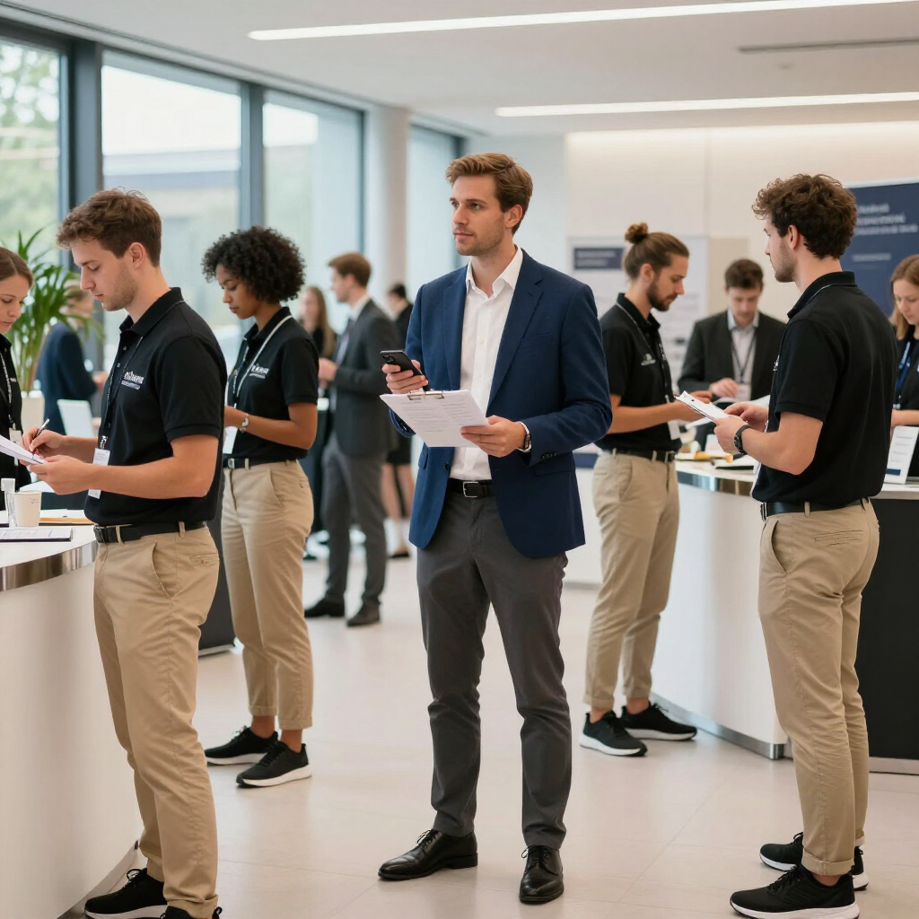 Menschen in einem Büro, einige in einheitlicher Arbeitskleidung, die während der Arbeit Dokumente prüfen oder telefonieren.