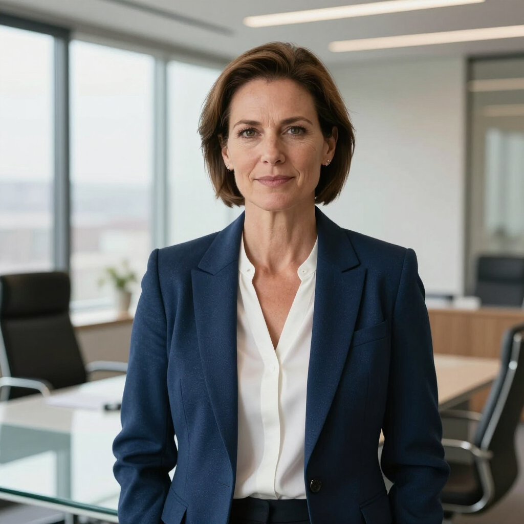 Professionelle Person in einem dunkelblauen Blazer und weißem Hemd steht in einem modernen Büro mit großen Fenstern.