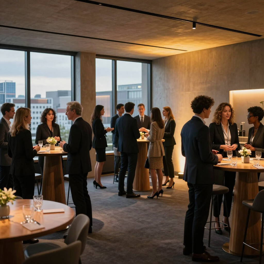 Menschen  knüpfen Kontakte bei einem Cocktail-Empfang in einem Hochhausbüro mit großen Fenstern und Blick über die Stadt.