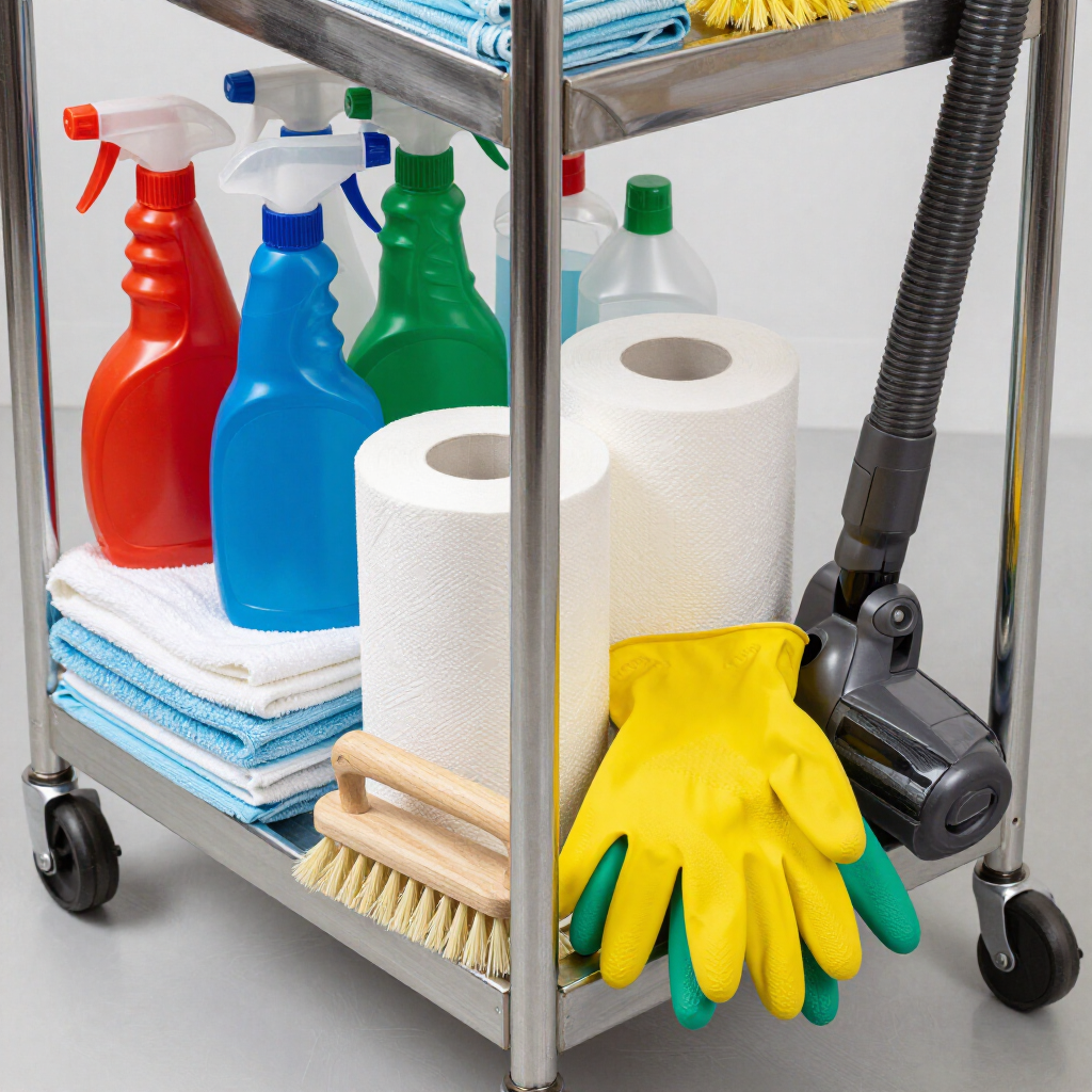 Ein Servierwagen mit Reinigungsmitteln, darunter Sprühflaschen, Papierhandtücher, eine Scheuerbürste und gelbe Handschuhe.