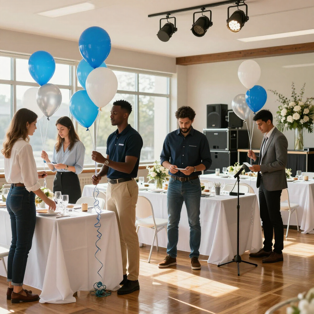Fünf Personen stehen in einem  erleuchteten, Veranstaltungsraum um Tische herum, einige halten blau-weiße Luftballons.