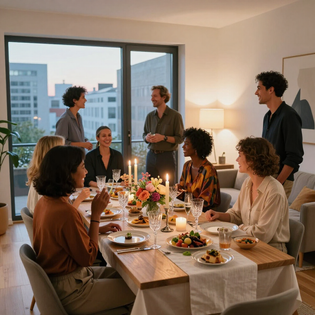 Eine Gruppe genießt eine Mahlzeit an einem Esstisch in einer erleuchteten,  Wohnung mit  Fenstern und Blick auf die Stadt.