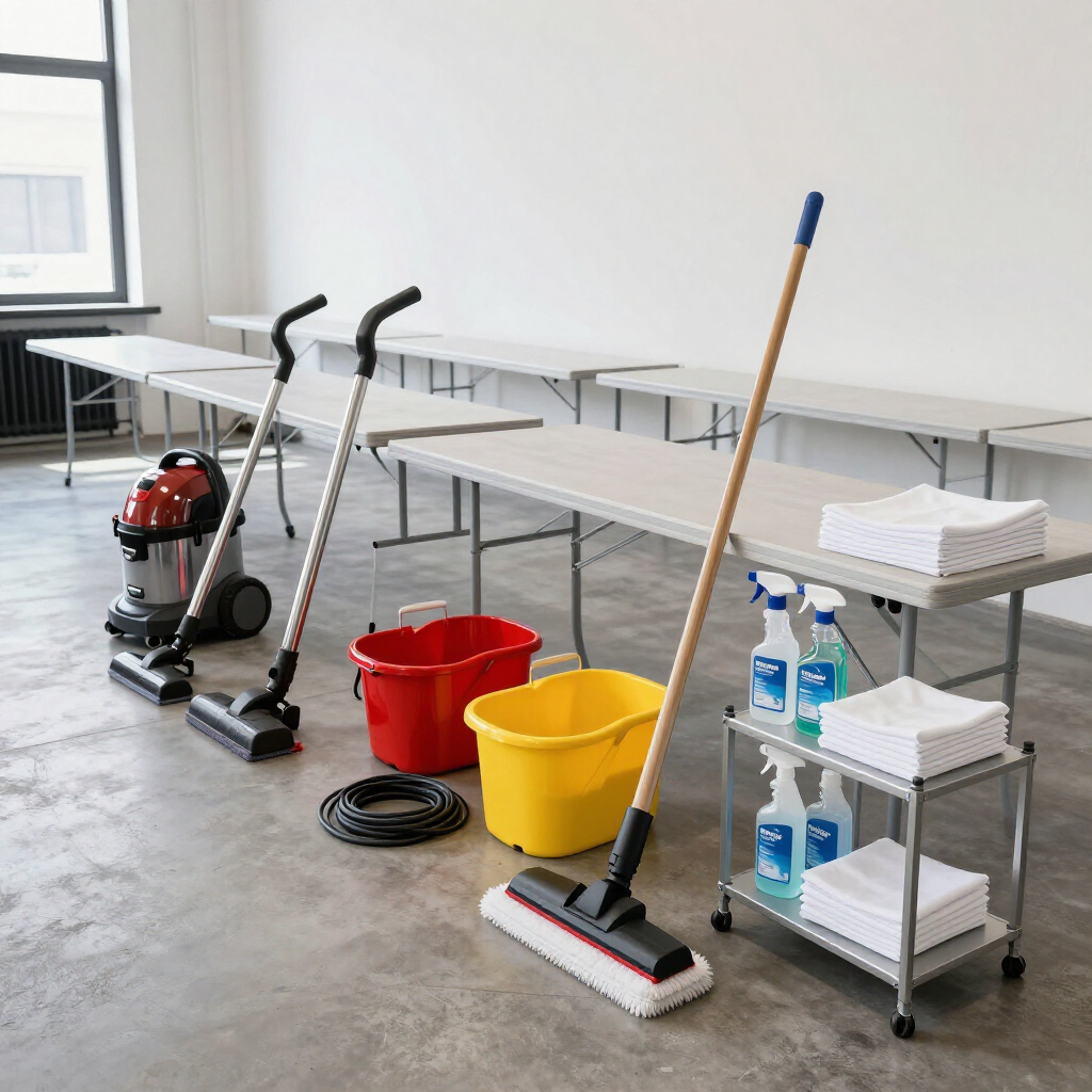 Reinigungsmittel wie Staubsauger, Eimer, ein Wischmopp und Sprühflaschen sind auf einem Betonboden in einem Raum angeordnet.