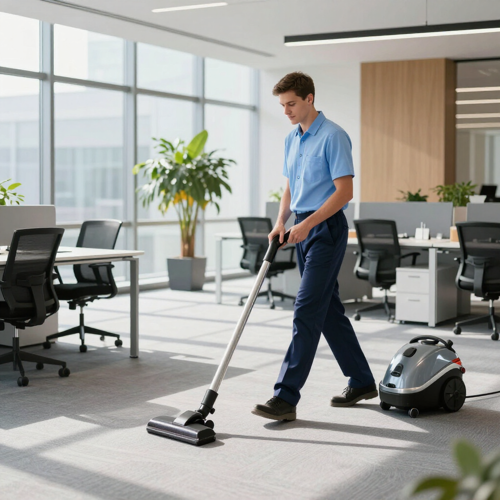 Eine Person in blauem Hemd und dunkler Hose saugt den Teppich in einem modernen, sonnendurchfluteten Büroarbeitsplatz.