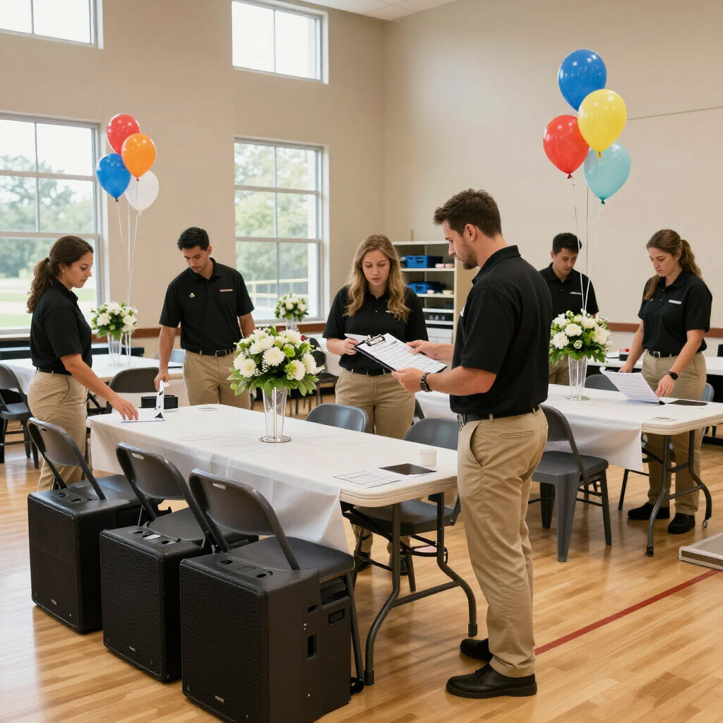 Ein Team in schwarzen Uniformen deckt in einem Saal Tische für eine Veranstaltung ein und dekoriert diese mit Blumengestecken