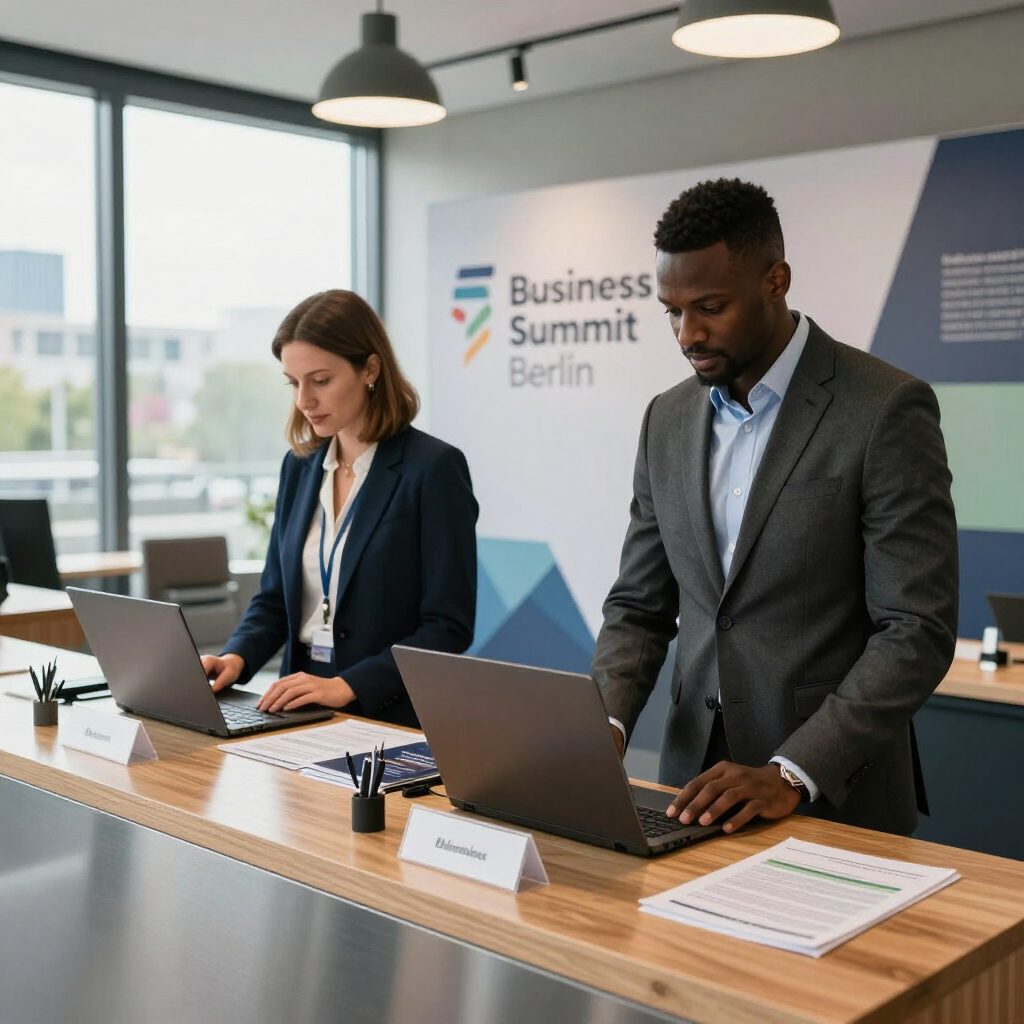 Zwei Berufstätige arbeiten an ihren Laptops an einem Holztresen vor einem Schild mit der Aufschrift „Business Summit Berlin“.