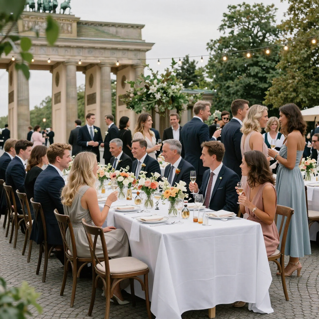 Die Gäste genießen ein formelles Abendessen im Freien bei gedeckten Tischen in der Nähe des Brandenburger Tors in Berlin.