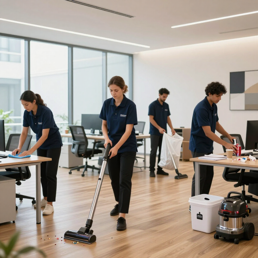 Vier Reinigungskräfte in dunkelblauen Uniformen arbeiten in einem hellen, modernen Büro mit Holzböden.
