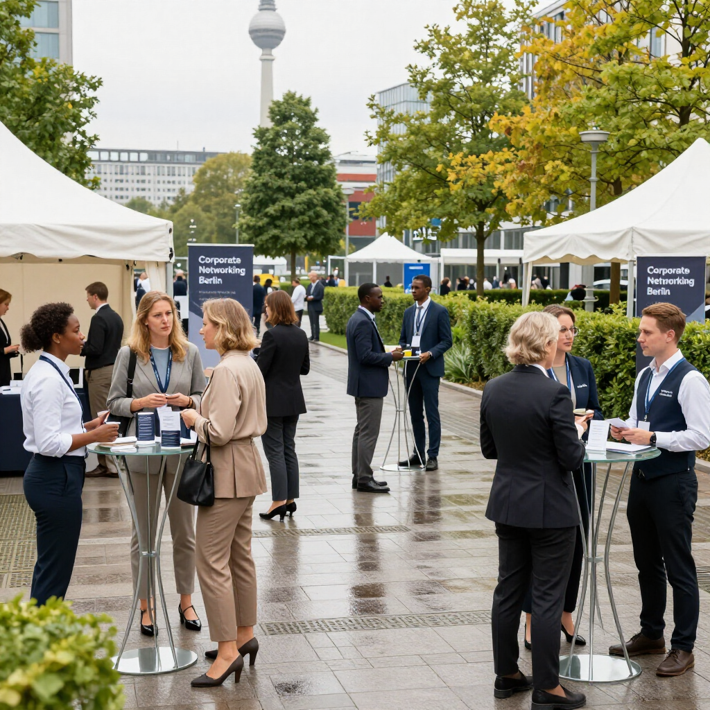 Fachleute knüpfen Kontakte an Stehtischen im Freien unter weißen Zelten, im Hintergrund ist der Berliner Fernsehturm zu sehen