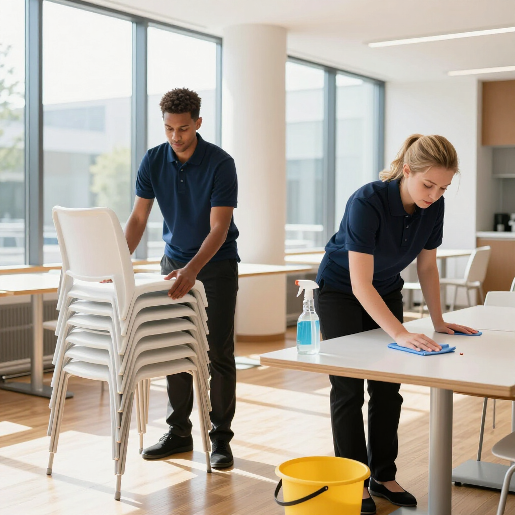 Zwei Arbeiter in dunklen Poloshirts reinigen einen hellen, modernen Büroraum: