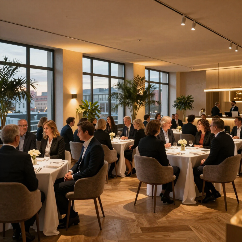  Treffen in einem hellen, modernen Veranstaltungsraum mit runden Tischen, Topfpflanzen und bodentiefen Fenstern.