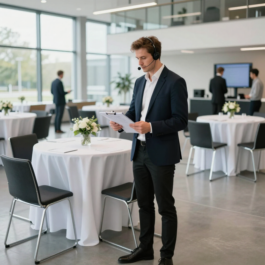 Eine Person mit Headset hält ein Klemmbrett in einem modernen Veranstaltungssaal mit runden Tischen und Hintergrundpersonal.