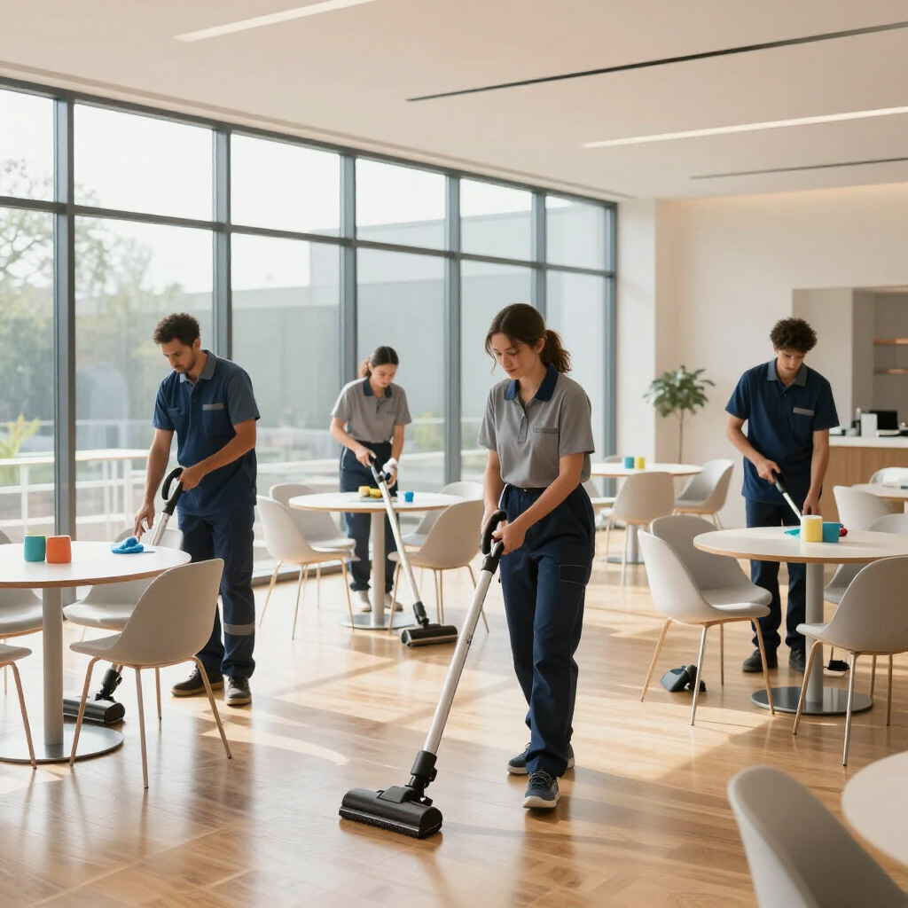 Vier Personen in einheitlichen blauen Uniformen reinigen einen sonnendurchfluteten, modernen Speisesaal