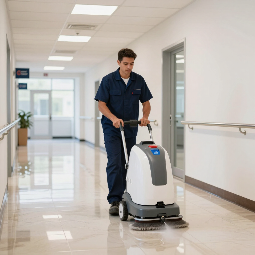 Ein Hausmeister bedient eine weiße Bodenreinigungsmaschine in einem hellen, modernen Krankenhausflur.