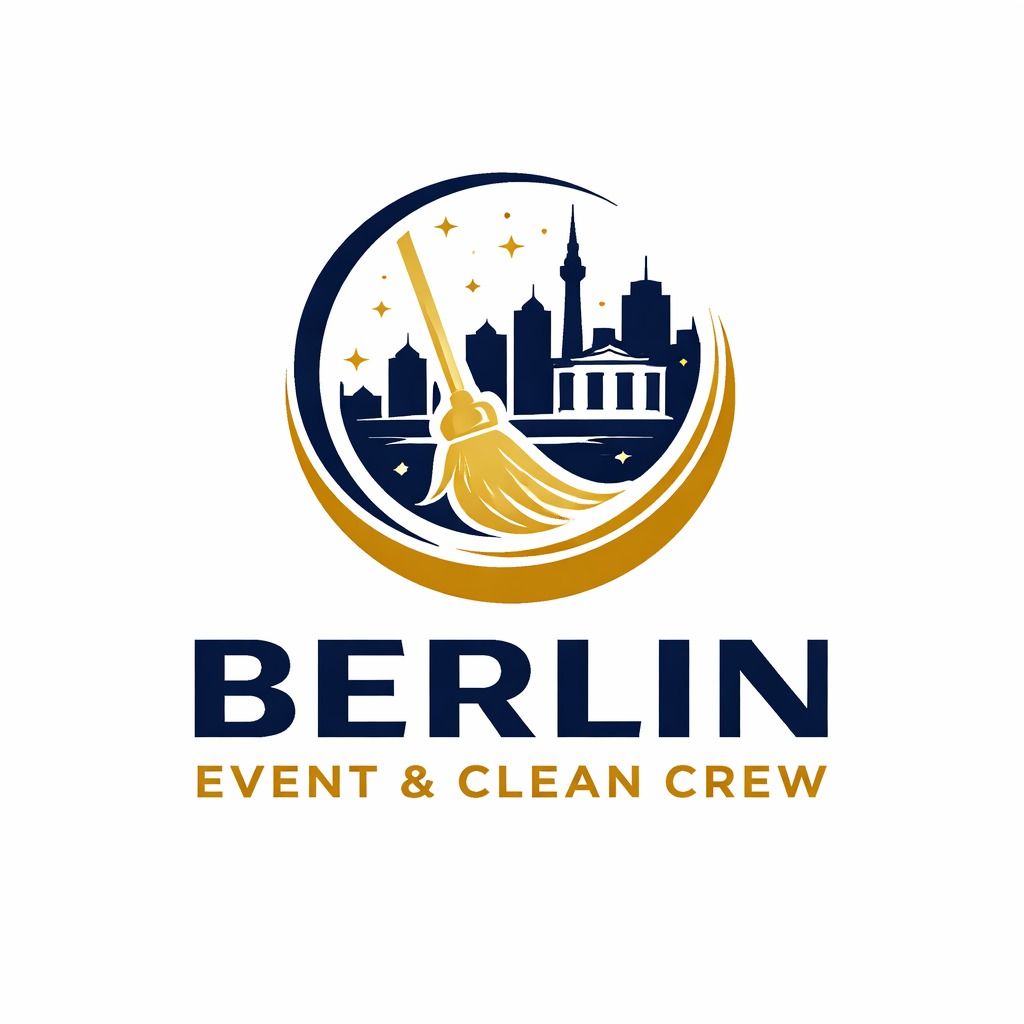 Logo für Berlin Event & Clean Crew mit einem goldenen Besen, der über die dunkelblaue Silhouette der Berliner Skyline fegt.