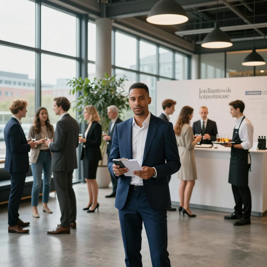 Ein Geschäftsmann  hält in einem Veranstaltungsraum, in dem sich Menschen treffen und in der Nähe ein Catering-Stand ist,.