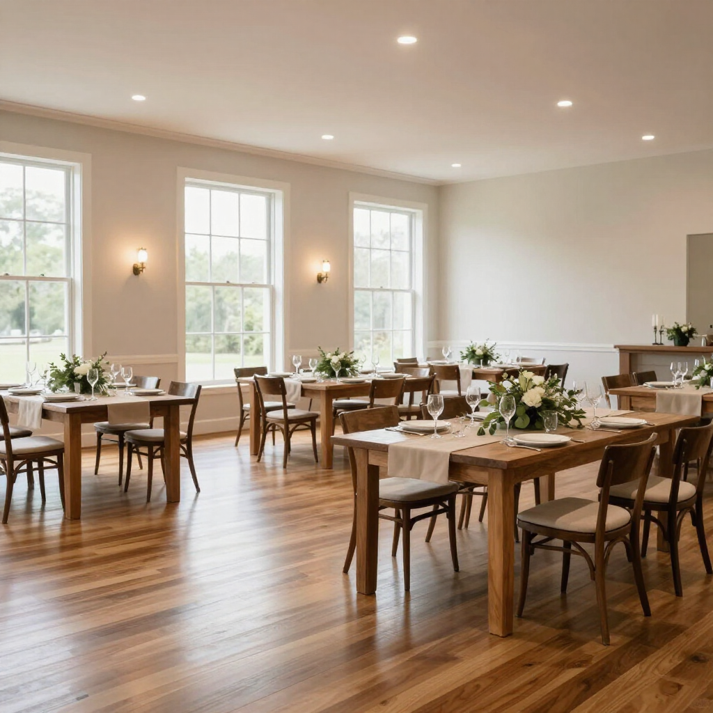 Ein Veranstaltungsraum mit Holztischen, Stühlen und Tischdekorationen in einem Raum mit großen Fenstern und Hartholzböden.
