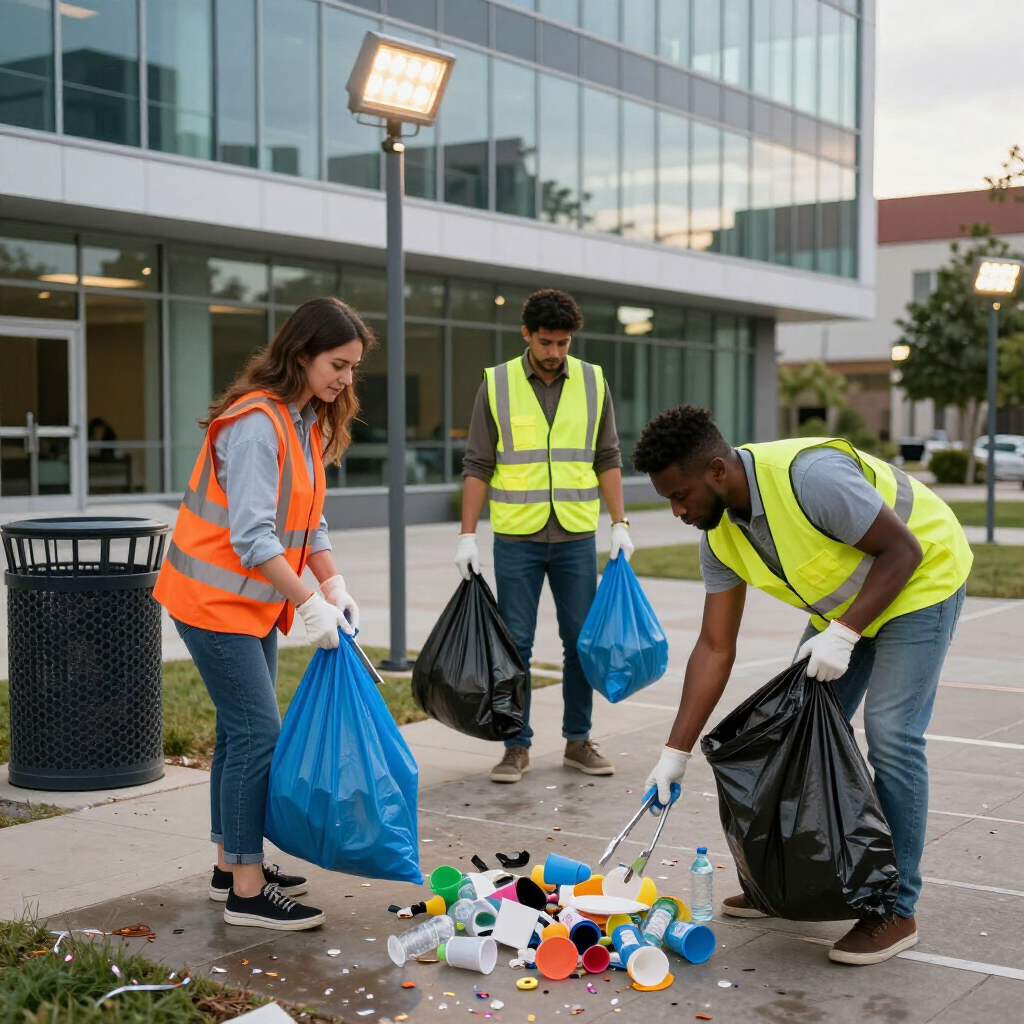 Drei Personen in Warnwesten sammeln Müll auf einem gepflasterten Gehweg vor einem modernen Bürogebäude auf.
