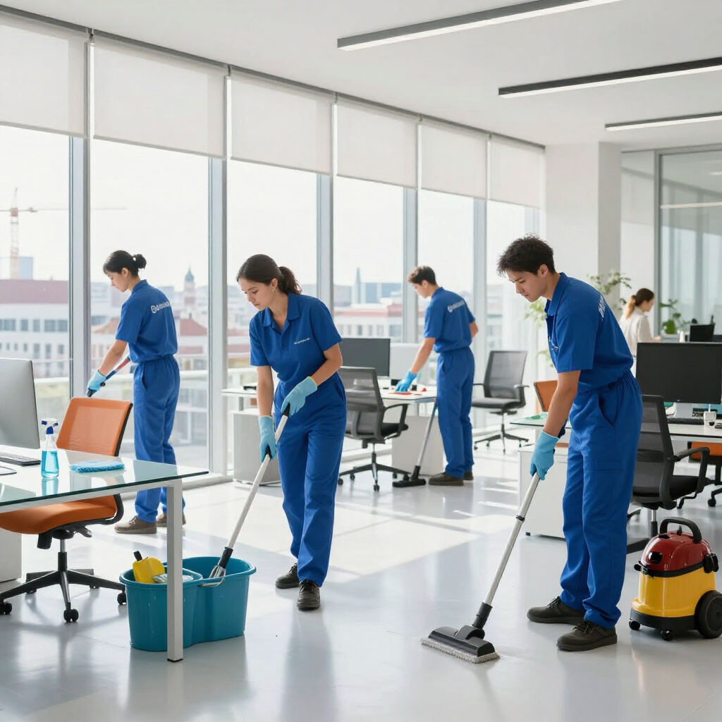 Reinigungskräfte  reinigen ein helles, modernes Büro mit Wischmopps, Reinigungsmitteln und einem Bodenstaubsauger.