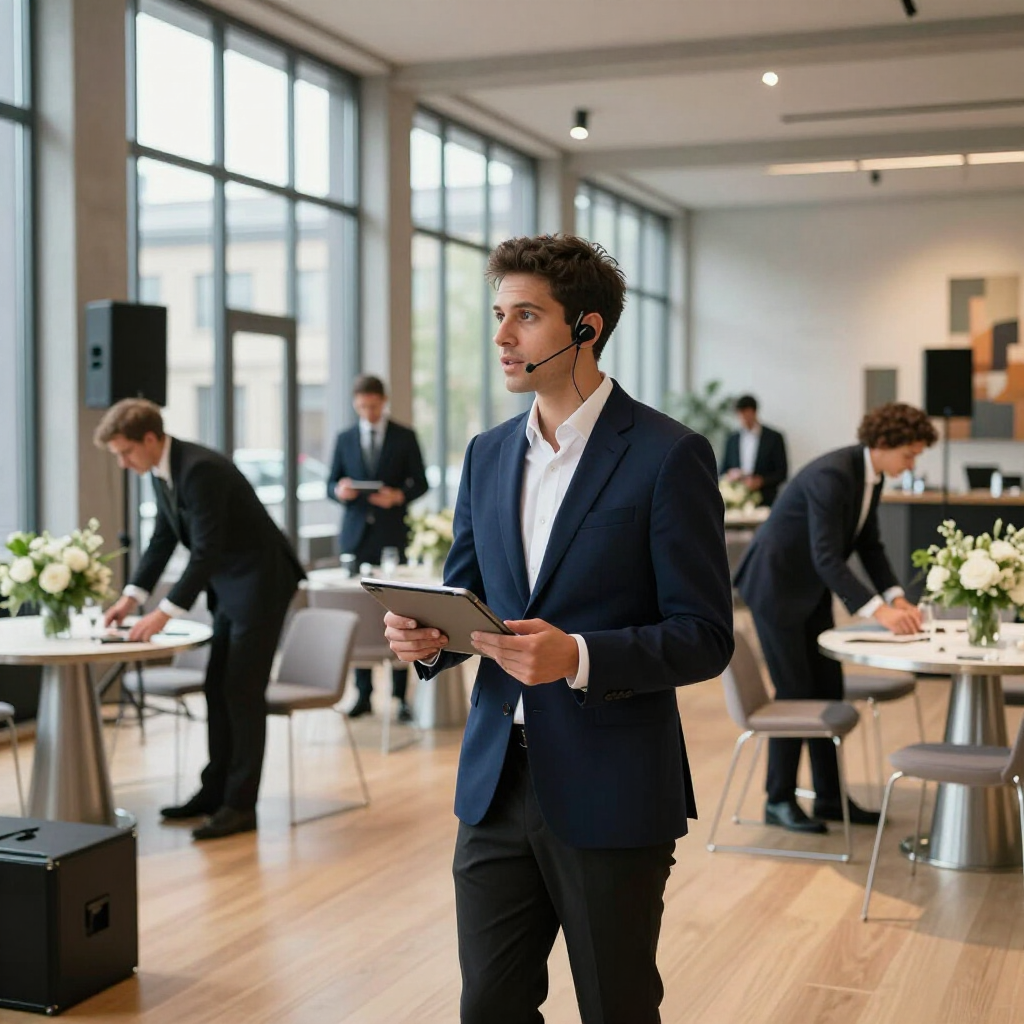 Ein  Mitarbeiter mit Headset hält in einem hellen Büroraum ein Tablet in der Hand, während andere an runden Tischen arbeiten.