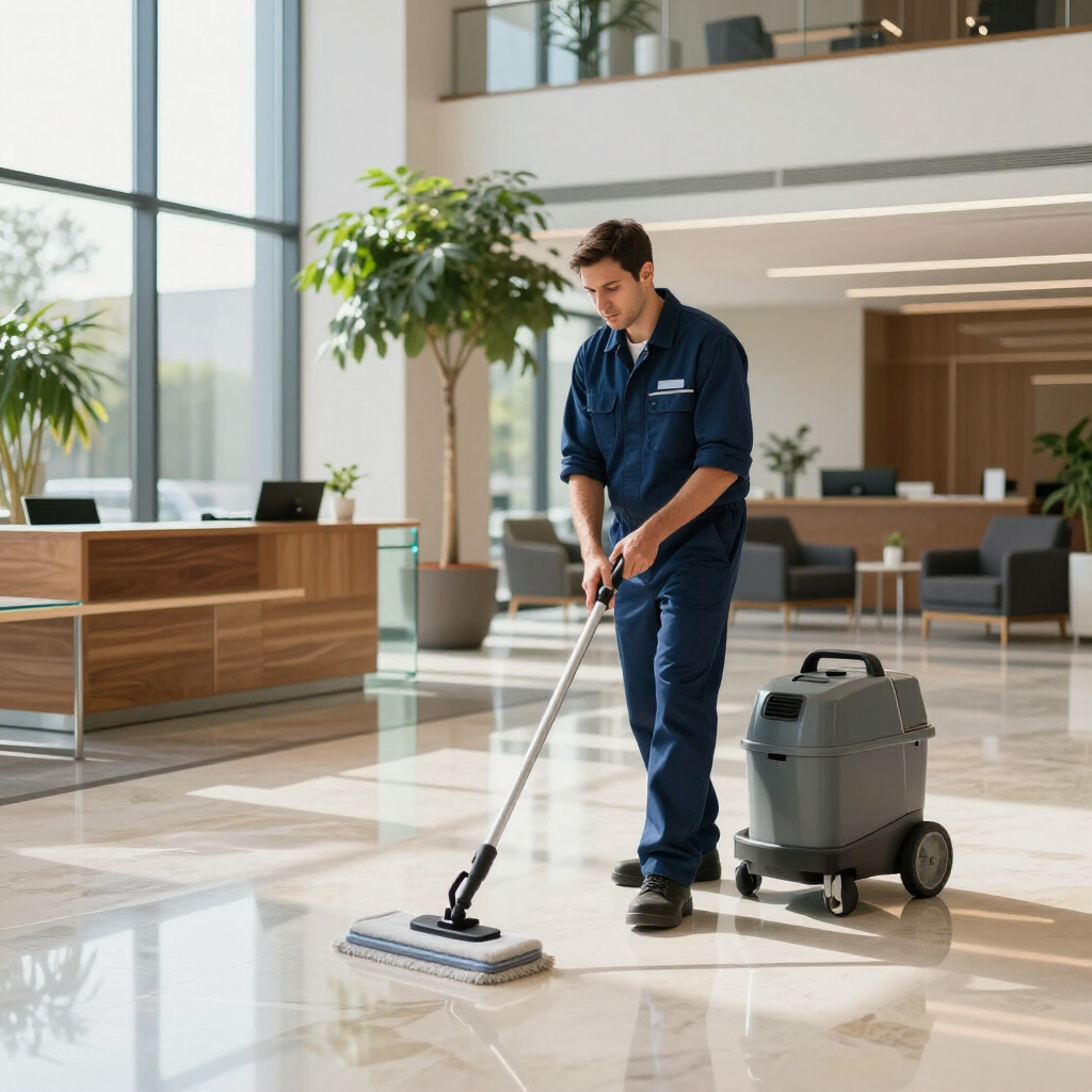 Ein Arbeiter in Uniform reinigt mit einer Reinigungsmaschine und einem Mopp einen Boden in einer hellen, modernen Lobby.