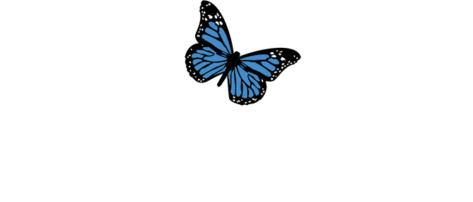 A white chrysalis logo with a blue butterfly on it