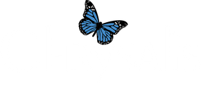 A white chrysalis logo with a blue butterfly on it