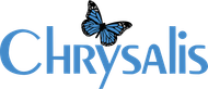 A blue chrysalis logo with a blue butterfly on it