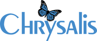 A blue chrysalis logo with a blue butterfly on it