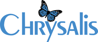 A blue chrysalis logo with a blue butterfly on it