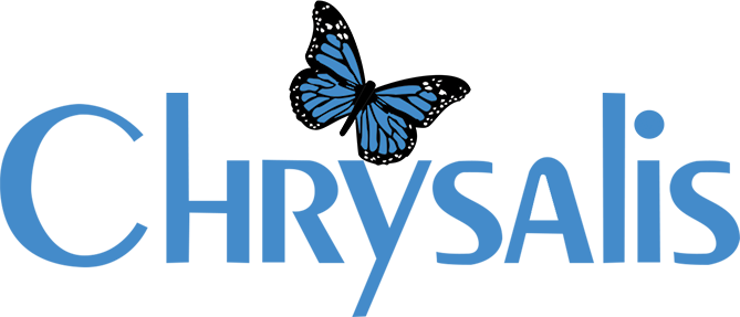 A blue chrysalis logo with a blue butterfly on it