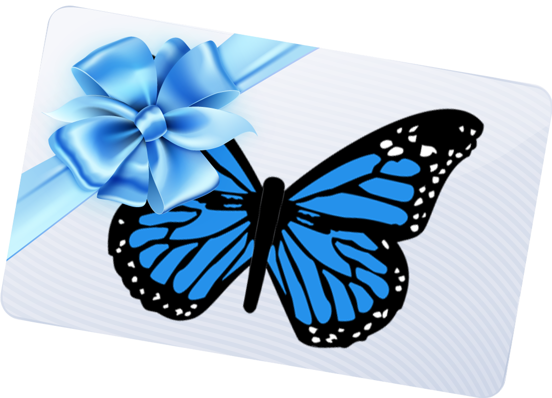 A gift card with a blue butterfly and a blue bow