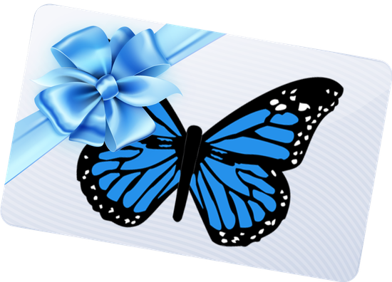 A gift card with a blue butterfly and a blue bow