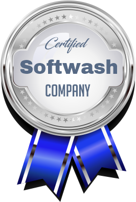 A certified softwash company seal with a blue ribbon.